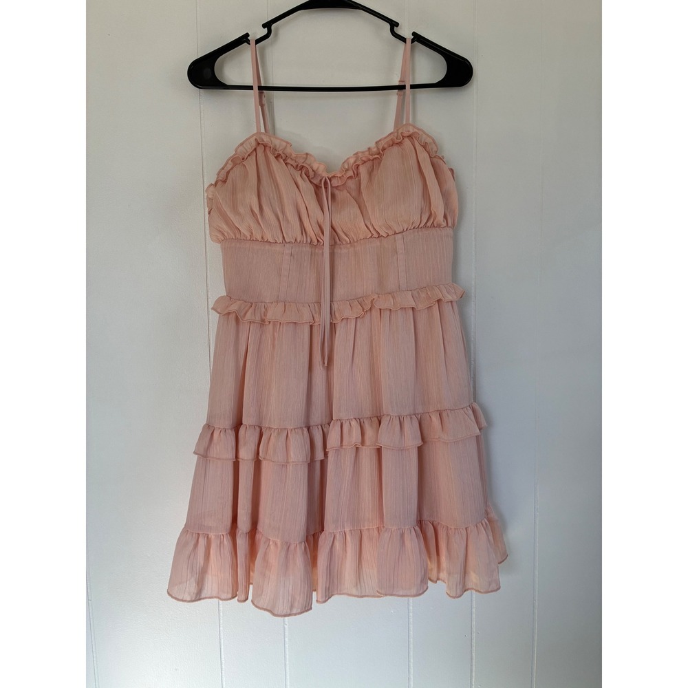 Pink Tiered Ruffle‎ Mini Dress Smocked Back Sweetheart Neckline Cottagecore M